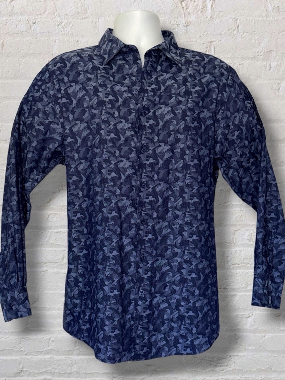 Murano Stretch Dress Shirt Blue Abstract Camo Button Front Mens 16.5 34